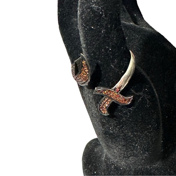 925 Silver Black & Orange Carnelian Flaming Sword Mens Bypass Ring Size 13 New - Picture 2 of 10